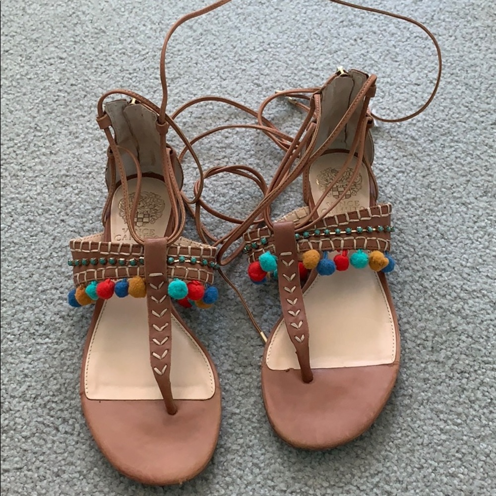 Tie up colored Pom Pom tan sandals